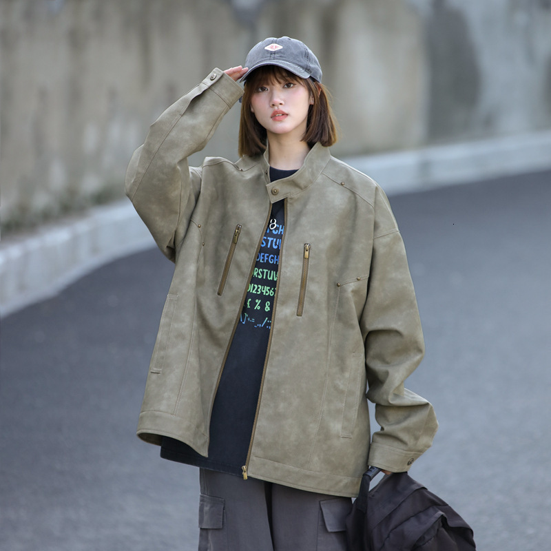 Ddmyoutdoor Couple S Loose PU Leather Jacket Men S Women S Spring Autumn Trendy Brand Handsome And Versatile Casual Jacket Jogging Suit