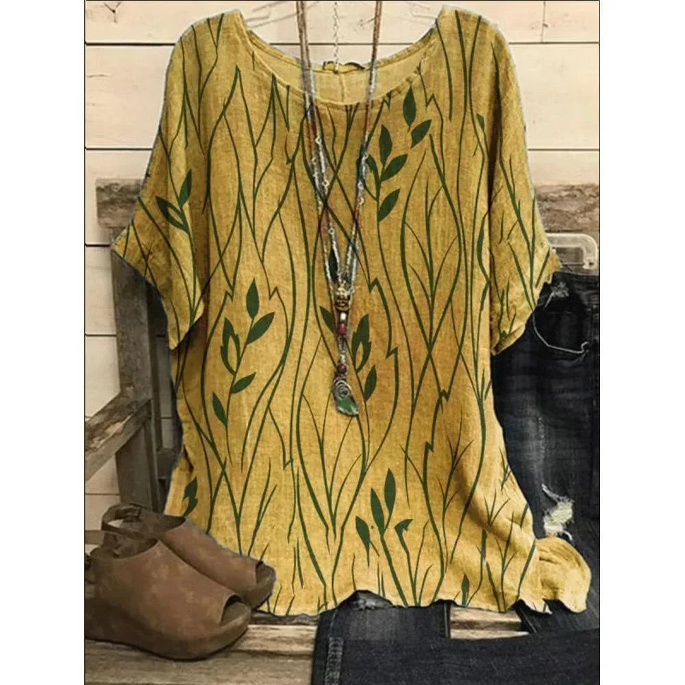 Plus Size 1XL-8XL Top Shirts Women Casual Loose Leaves Print Blouse T-shirt Ladies Fashion Vintage Blouse Unique Half Sleeves 250605