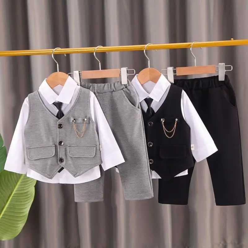 2023 Spring Autumn Toddler Baby Kids Boys Gentleman Clothing Sets Party Wedding Clothes Suit T-shirt+Vest+Pants 3pcs Set 0-4Y R250606