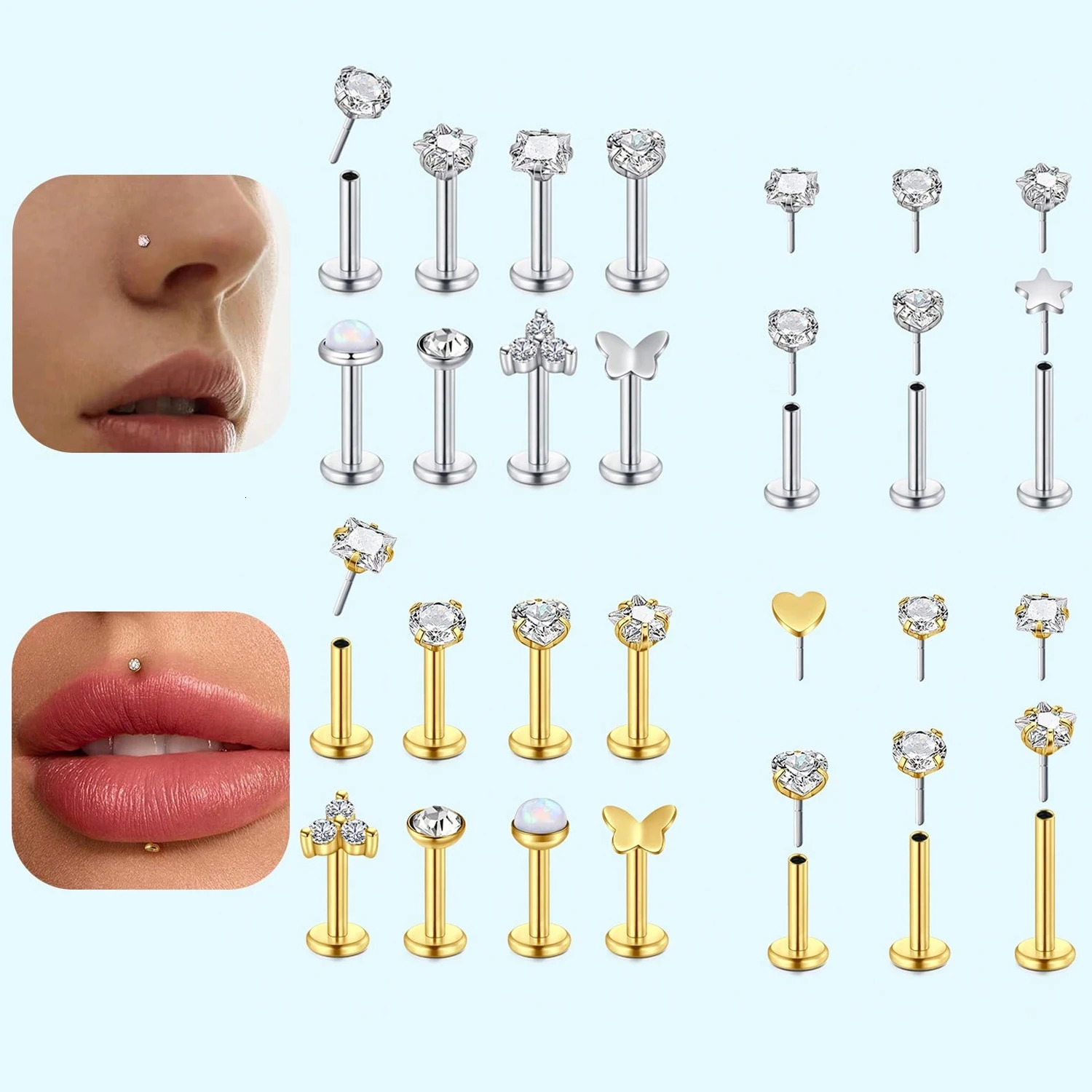 16G 18G Push in Threadless Nose Rings Studs Hypoallergenic Flat Back Nose Piercing 304 Stainless Steel Piercing Jewelry 250605