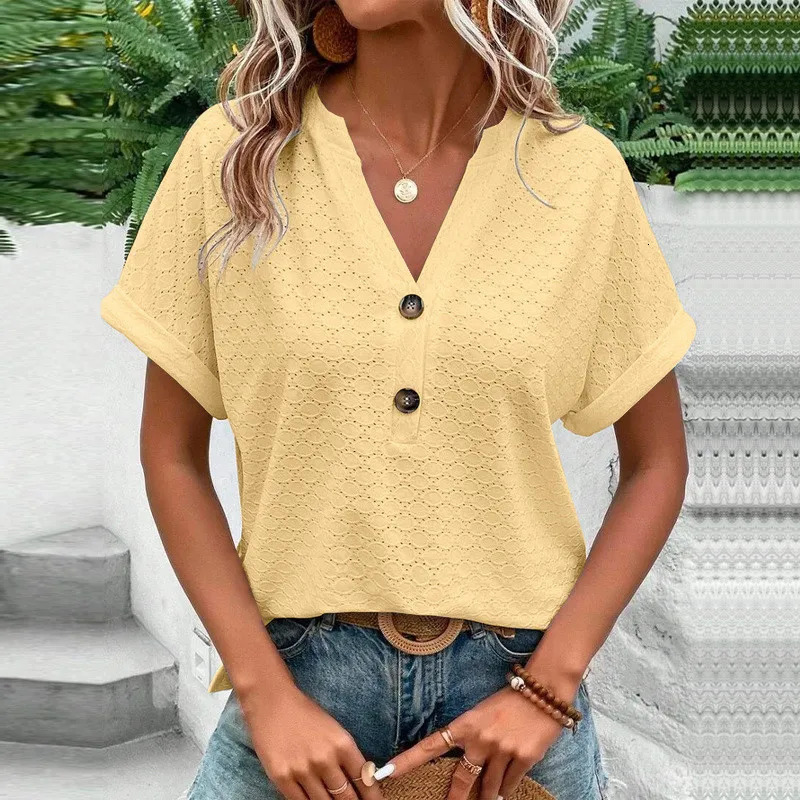 Fashion Women Blouses Casual Jacquard Button V-Neck Solid Loose Shirts Summer Short Sleeve Oversized Tops Female 250605