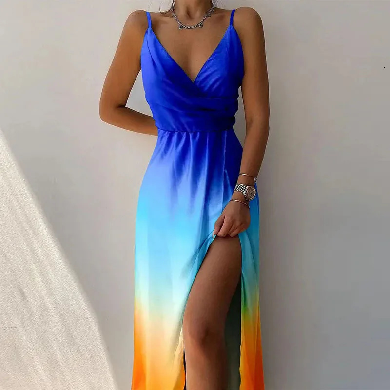 Womens Long Slit Dress V-neck Suspender Slit Print Sexy Backless Summer Style Lady Long Elegant Robe 250529