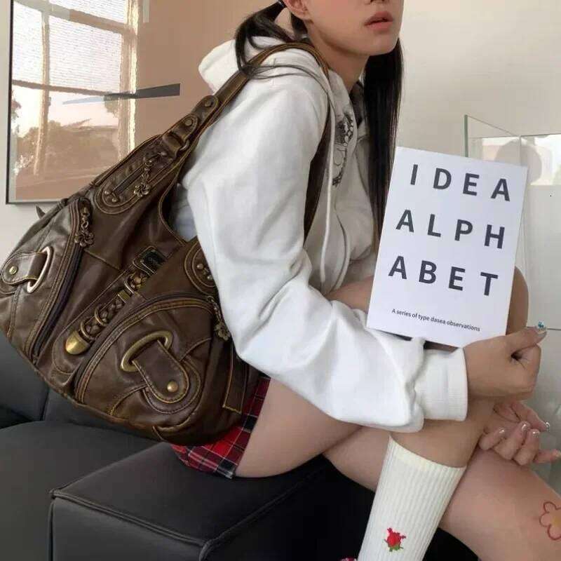 Xiuya Y2k Vintage Womens Shoulder Large Capacity Casual Pu Leather Tote American Retro Designer Ladies Armpit Bag