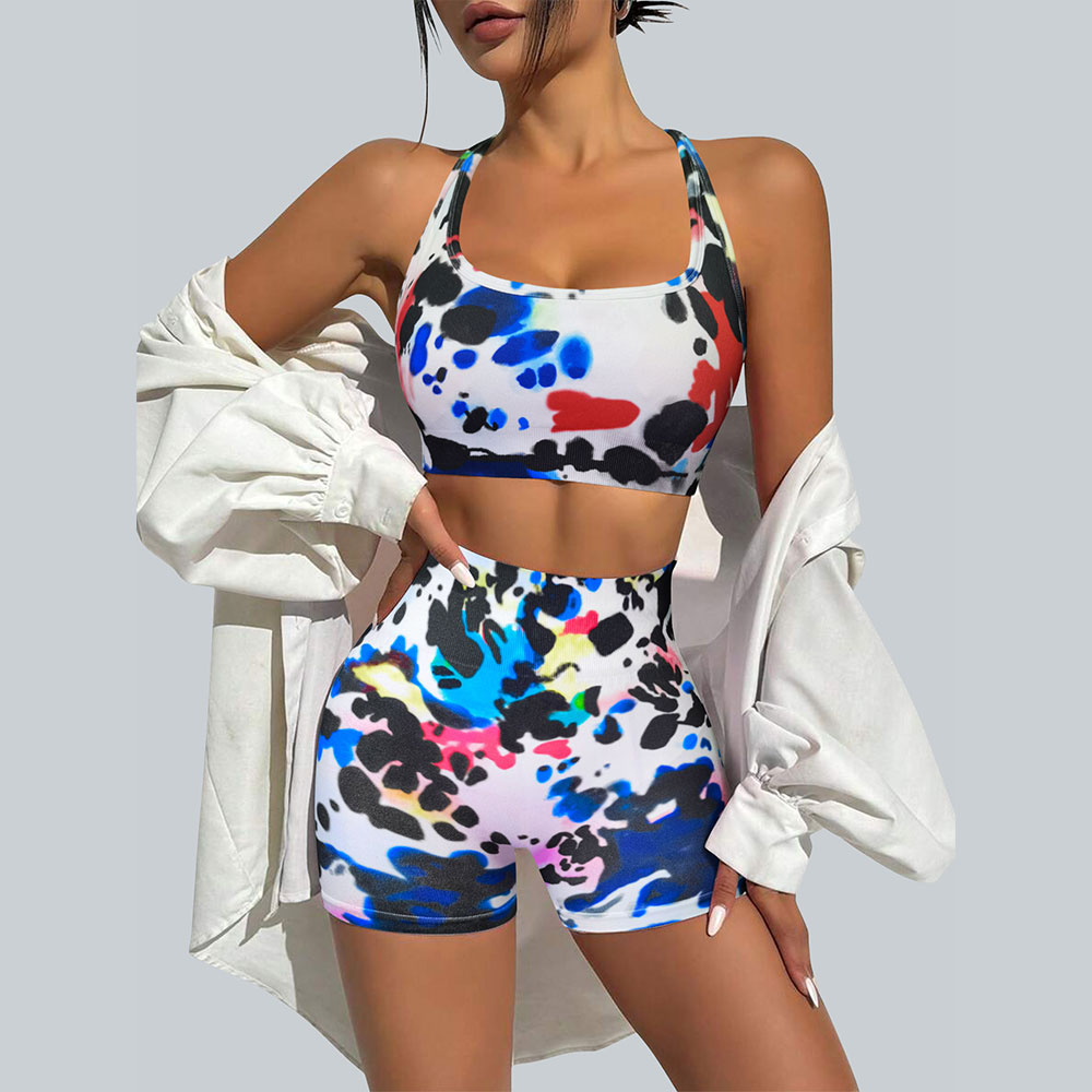 Sports and fitness full body drip dye seamless bra and tight high waisted shorts women's set