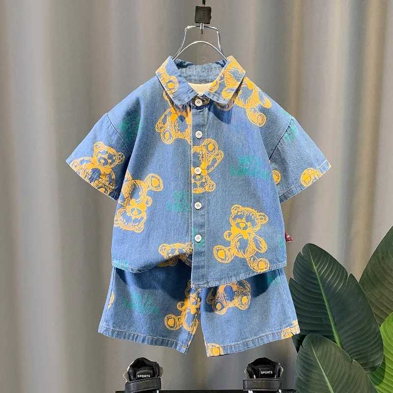 Boys Summer Denim Clothing Set Fashion Cartoon Bear Print Jacket Shorts 2-Piece Tracksuit Casual Outfit for Kids R250606