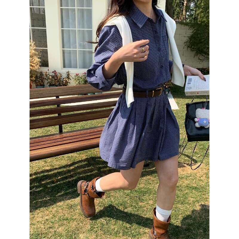3rd Morning Middle Korean Blue Checkered Shirt Dress with Belt ZY2641