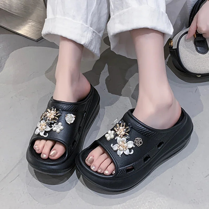 Pearl Flower Thick Sole Eva Slippers Women Summer 2025 Diy Wedge Heels Sandals Woman Chunky Platform Non Slip Beach Slides Shoes 250603