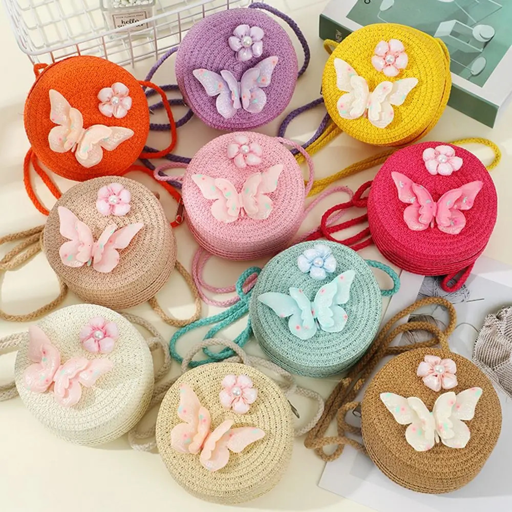 Round Shape Straw Bag Princess Mini Handbag Children Shoulder Butterfly Flower Summer Beach Messenger Kids Coin Purse 250605