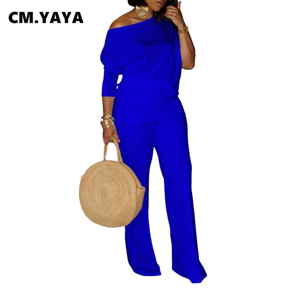 CM.YAYA Women's Set Full Sleeve Skew collar T-shirt + Wide Leg Pants Suit 2024 Fall Winter Fiess Two 2 Piece Sets Outfits