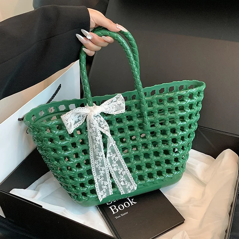 Womens PVC Candy Color Woven Handbag Causal Tote Bags Fashion Large Capacity Vegetable Basket Bag Plastic Handle Beach Bag 250605