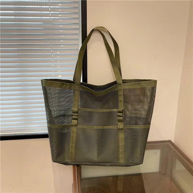 Large Capacity Canvas Beach Bag Versatile Commuting Shopping Shoulder Lightweight Semi Transparent Mesh Hollow Bag 250605