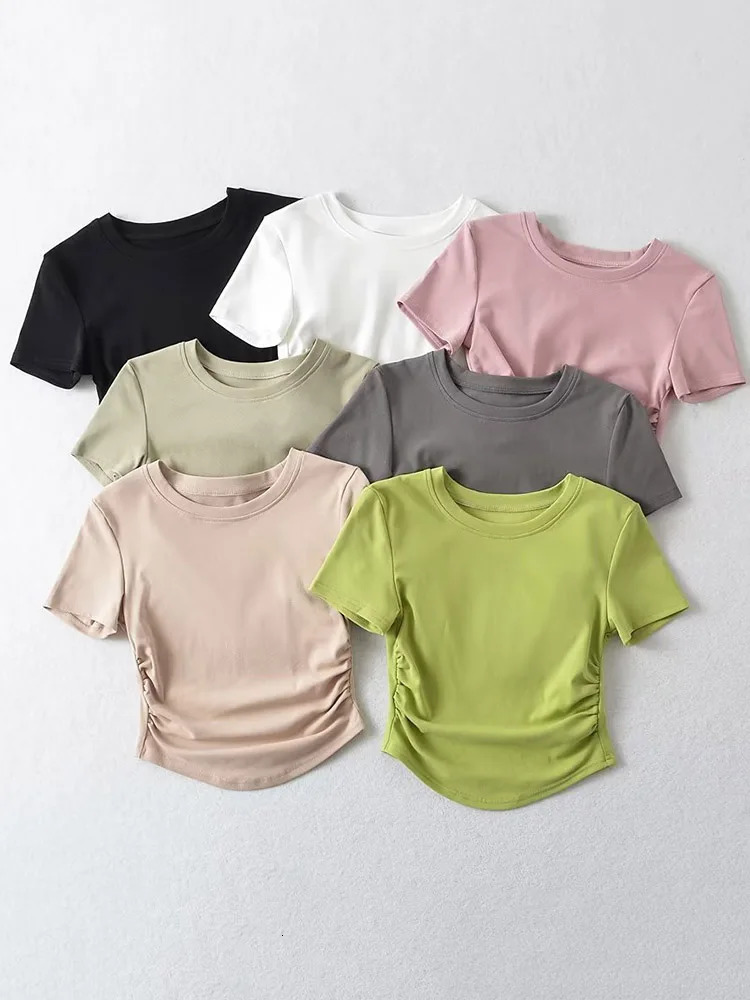 Harajuku Women Crew Neck Short Sleeve Cotton Tee With Ruched Sides Detail T-shirts 250530