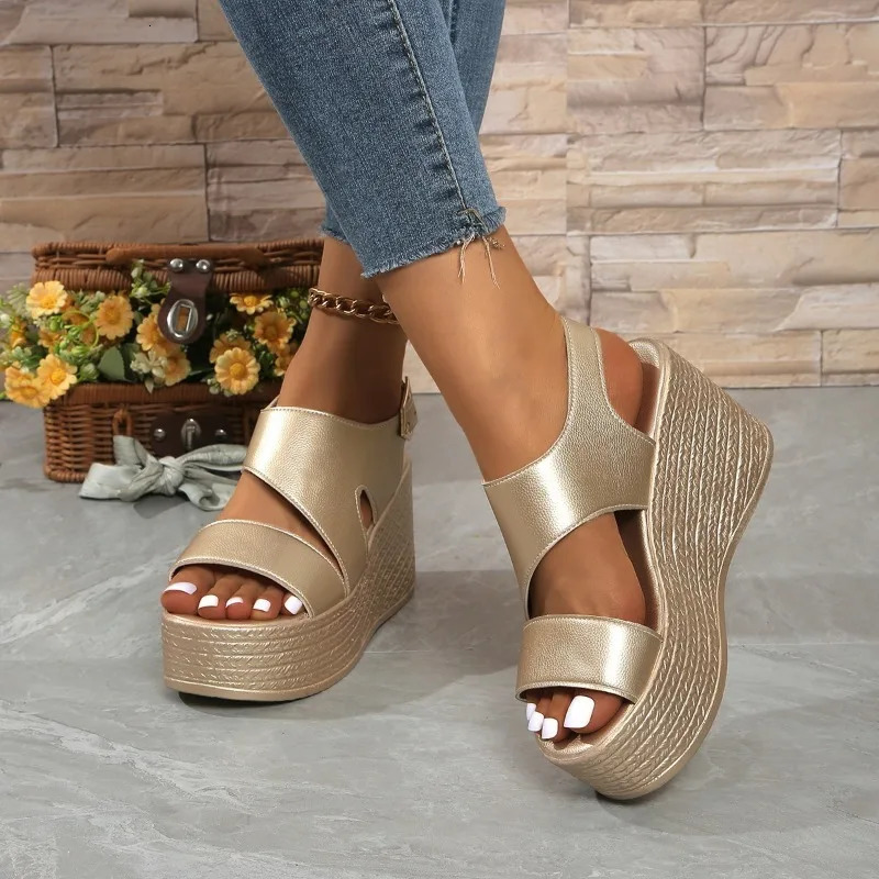 Open-toe slope sandals leather strap Roman shoes 2025 summer fashion lightweight thick sole non-slip high heels womens shoes 250605