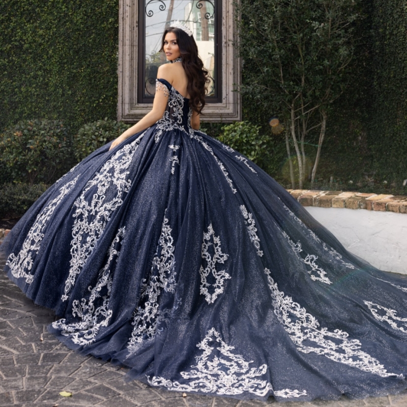 Navy Blue Shiny Quinceanera Dresses Ball Gown Off The Shoulder Applique Lace Beading Tull Corset Sweet 16 Dress Vestidos 15 Anos