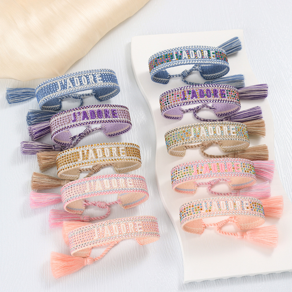 Colorful Diamond Embroidered Braided Bracelet Women Rhinestone Letter Fringe Wristband Jewelry