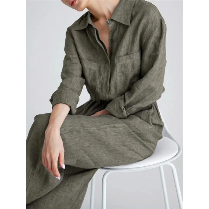 WomenS Casual Elegant Solid Color Polyester Jumpsuit with Drawstring Wide Leg Pockets Lapel Collar Spring/Fall 250530