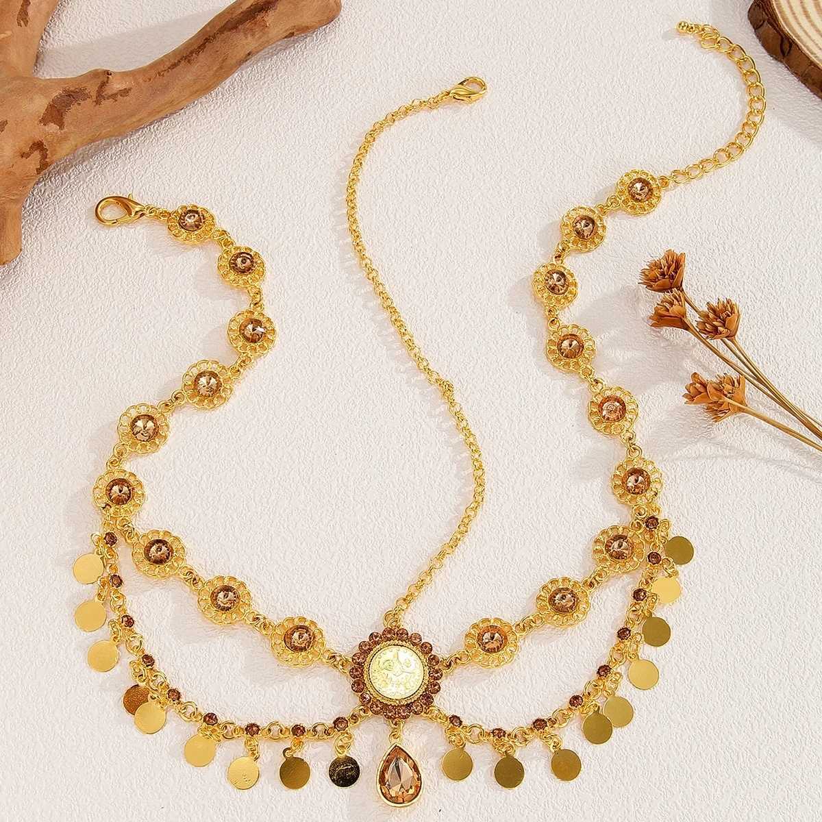 Indian Head Chain For Women Arabic Gold Color Coins Tassel Bridal Rhinestone Hair Chain Headdress Wedding Accessories Headpiece Z250605