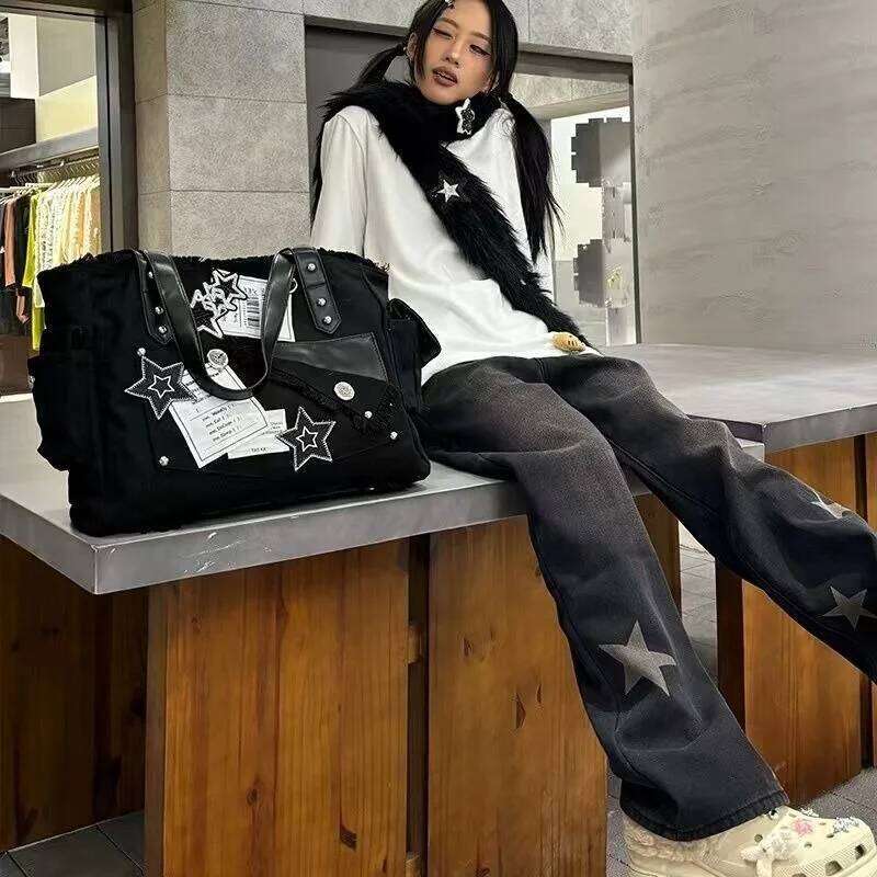 Xiuya Y2k Black Womens Tote Canvas Gothic Fashion Vintage Patchwork Shoulder Bag Large Capacity Original Female New Handbag
