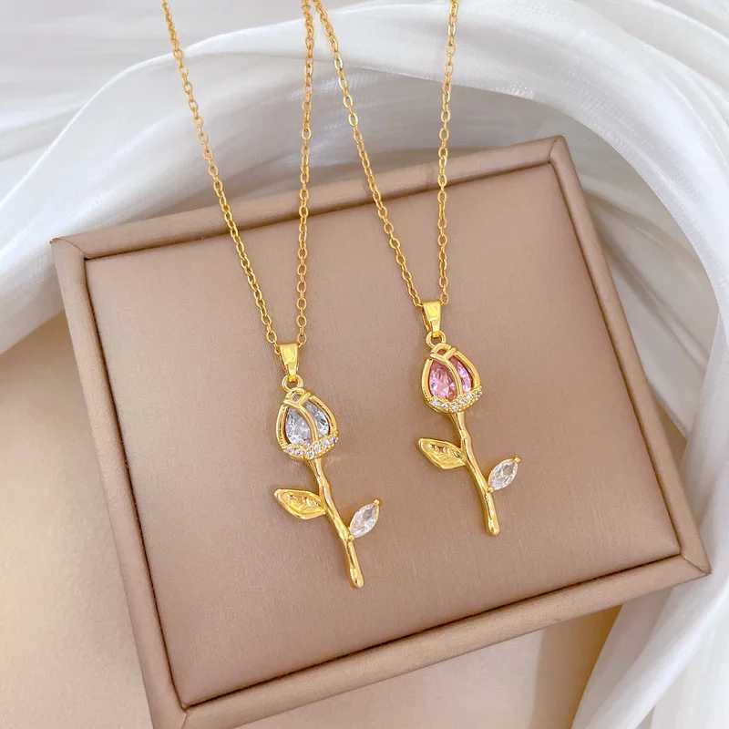 DIEYURO 316L Stainless Steel Fashion Pink White Crystal Rose Blossoms Pendant Necklace For Women New Clavicle Chain Jewelry Gift Y250605