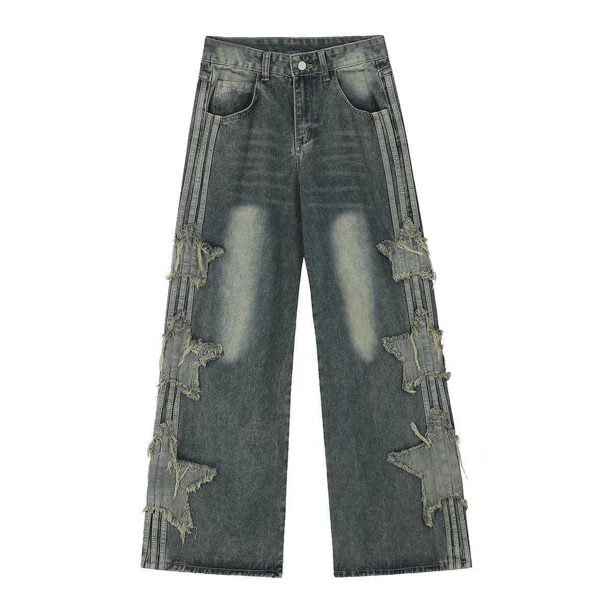 American High Street Star Patch Jeans Mens Summer New Loose Straight Drape Trendy Brand Wide Leg Mopping Pants Baggy Jeans Z250605