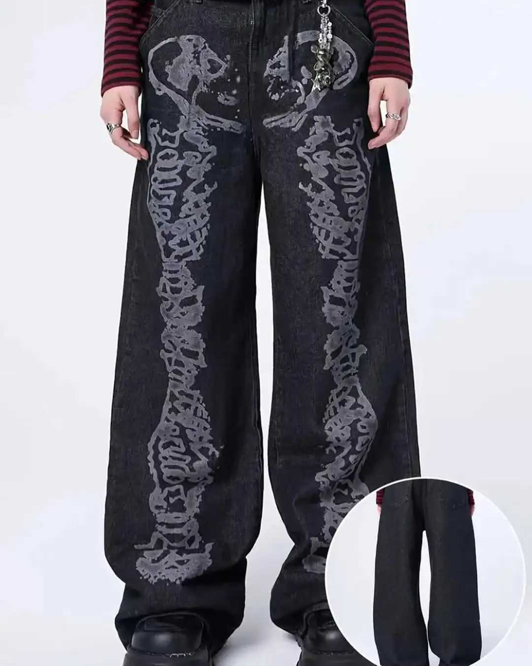 Y2K Fashion Skull Pattern Washed Gray Baggy Jeans Men Women Harajuku Hip Hop Skateboard Pants Street Straight leg Denim Pants Z250605