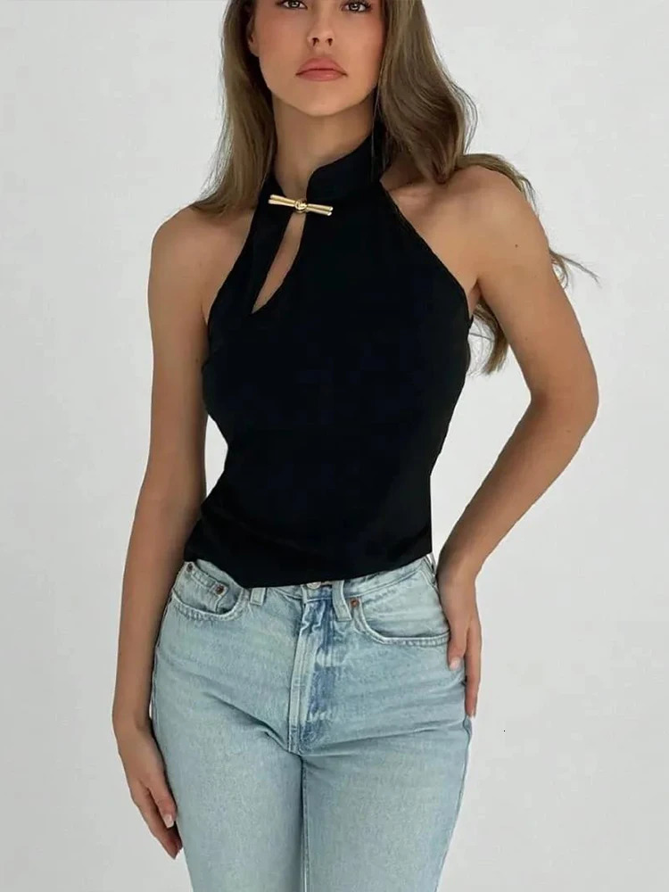 Weird Puss Cheongsam Buckle Tank Tops Women Y2K Summer Trend Basic Classic Hollow Solid Simple Street Stretch Daily Chic Vest 250605