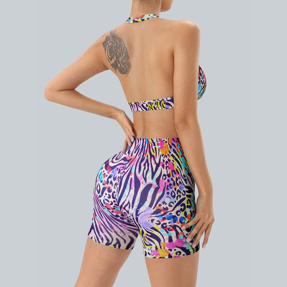 ports and fitness full body striped polka dot printed seamless bra and high waisted tight shorts women's set