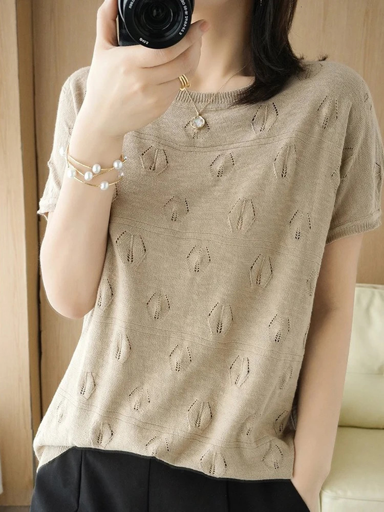 Summer Short Sleeve Women knitted Thin Sweater Female Hollow Out Oneck Pullover Top Ladies Solid Loose Casual Jumpers 250530