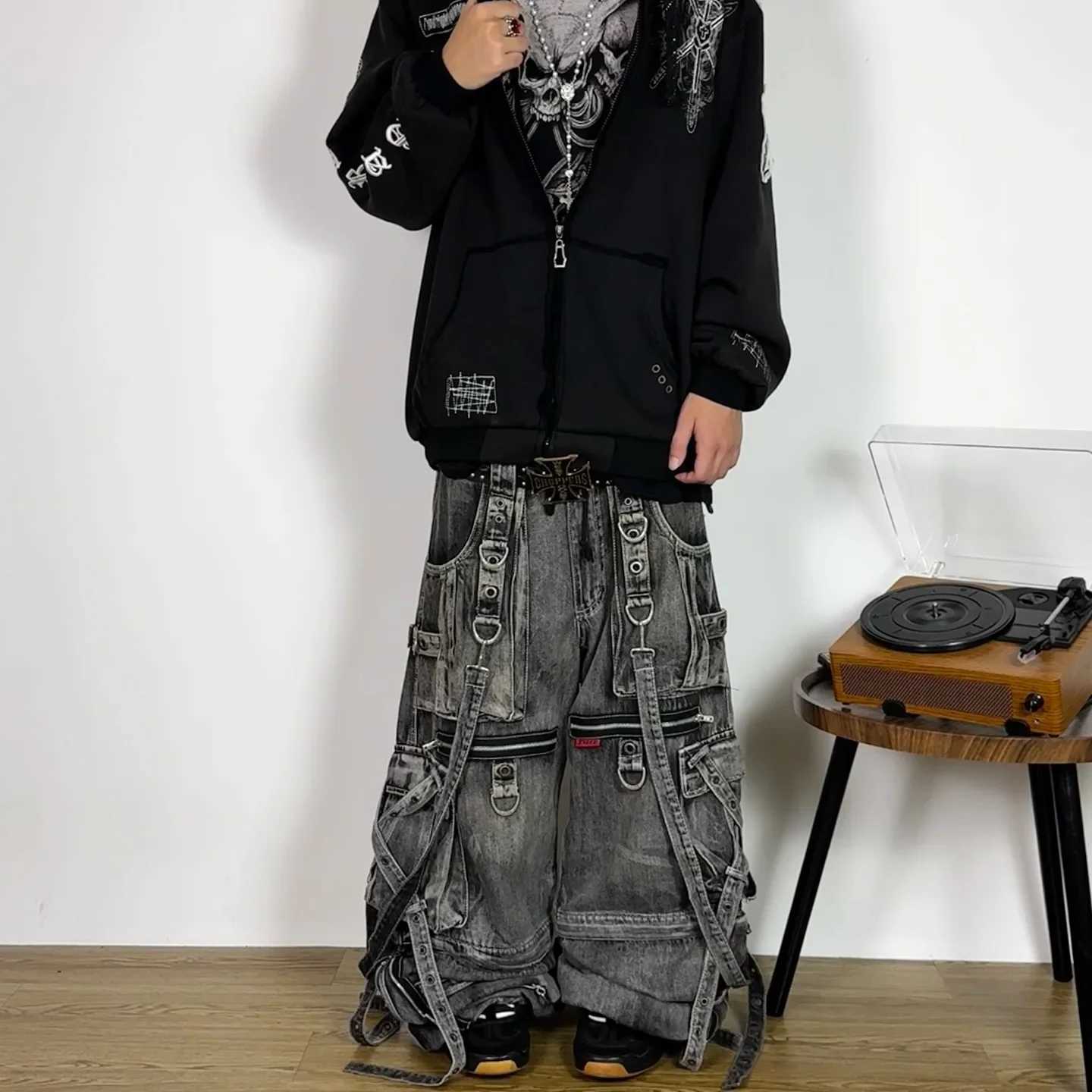 Gothic Ribbon Pocket Washed Super Wide Leg Jeans Men Y2K New American Harajuku Hip Hop Gothic Rock Retro Wide Pants Street Wear Z250605