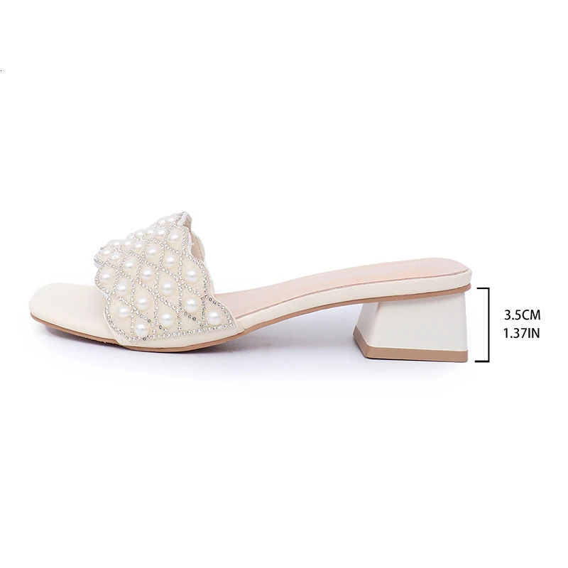 Pearl Decor Low Heels Slippers for Women 2025 Summer Square Toe Thick Heel Sandals Woman Plus Size Fashion Party Dress Sandals 250603