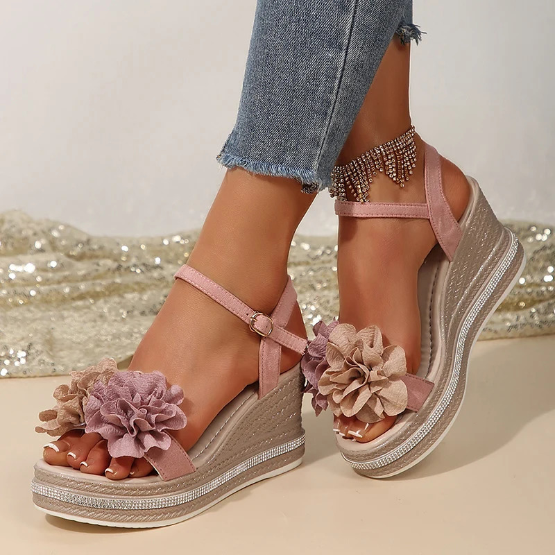 Vintage Flowers Wedge Heel Sandals Women Summer Beach Non Slip Platform Sandals Woman Ankle Srtrap Thick Bottom Sandalias Mujer 250605