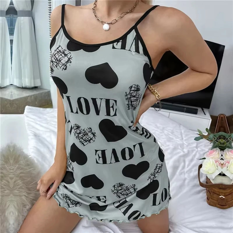 Summer Womens Nightgown Beauty Back Thin Section Of Home Wear Sexy Halter Short Skirt Love Cartoon Cute Printing Pajamas 250529