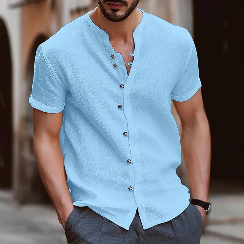High quality fashion mens collarless short sleeve Polo shirt mens beach style casual collarless T-shirt garment top 250605