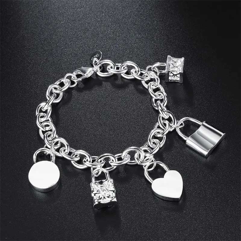 Charm 925 Sterling Silver 8 Inches Round Heart Lock Bracelet For Women Fashion Party Wedding Jewelry Gift Wholesale New W250606