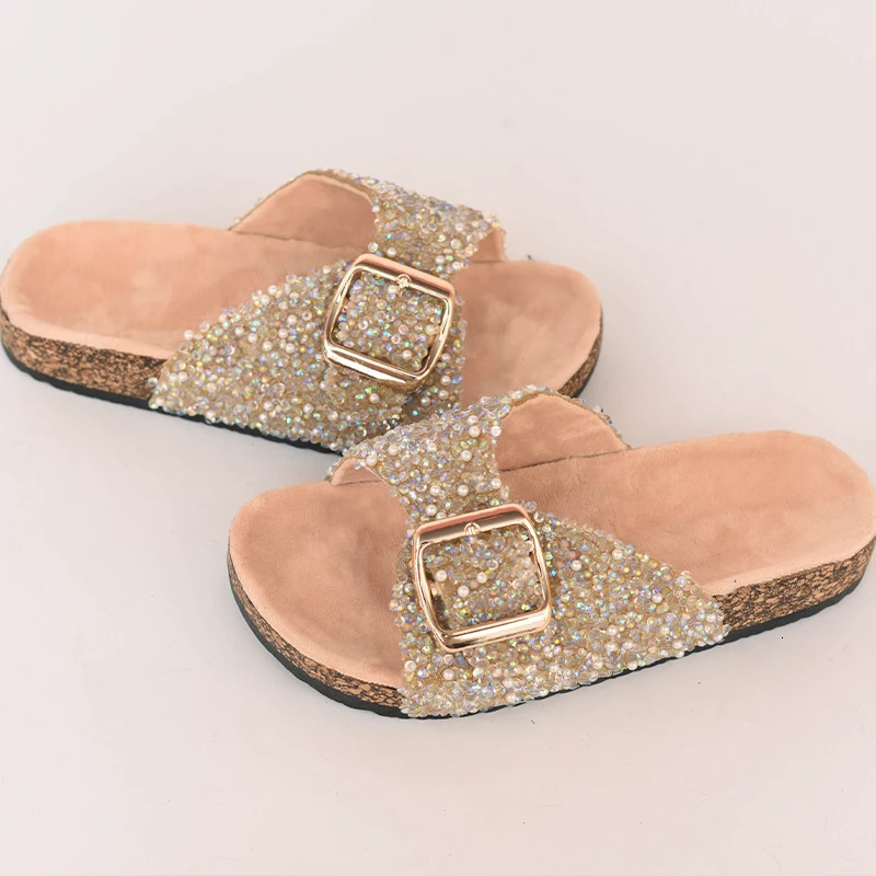 Women Beach Sandals Single Buckle Pearl Sequins Home Fall Leisure Vacation Outside Wear Womens Flat Slippers 250603