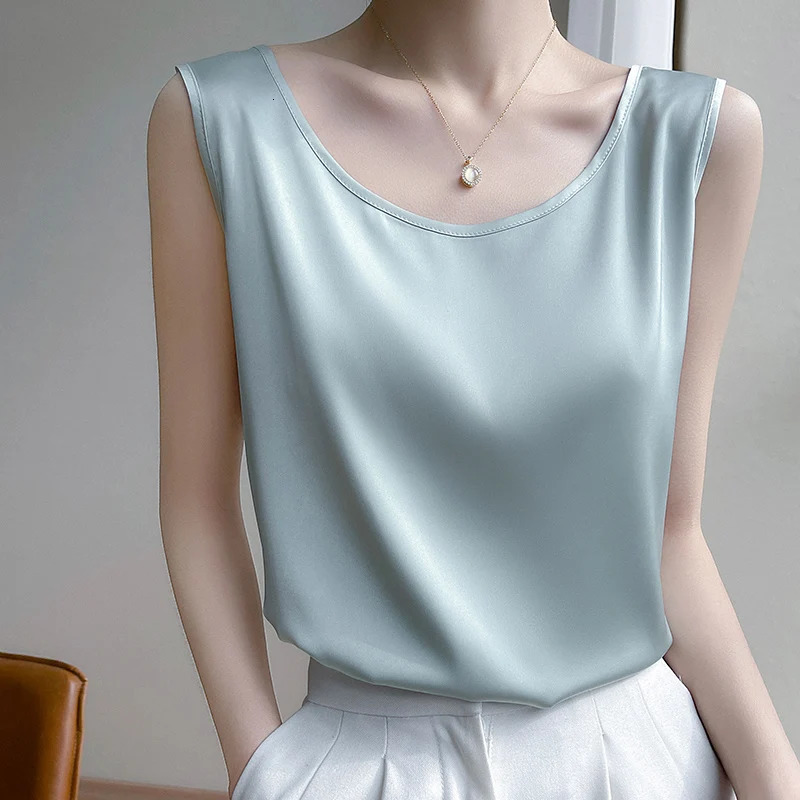 Summer Silk Camis Womens T Shirts Sleeveless Vest Satin Tank Tops Office Elegant Fashion O Neck Champagne BlouseTop Women 250605