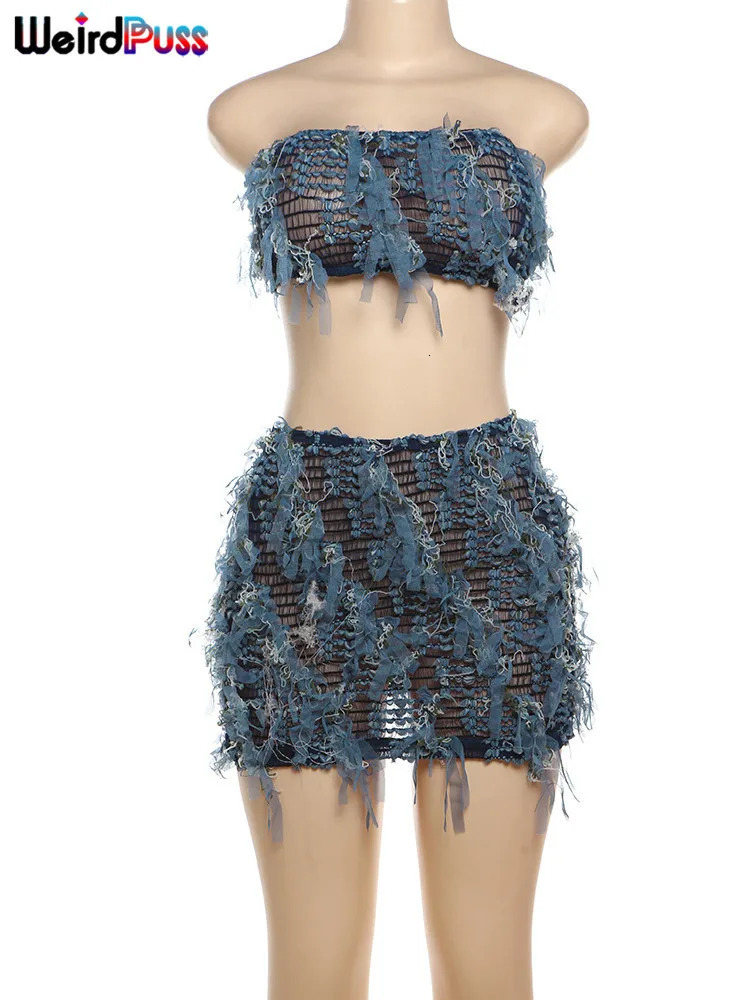 Weird Puss Sexy Hollow 2 Piece Set Women Sexy Summer Hipster Tassel Stretch Strapless TopsPeach Hip Skirts Matching Clubwear 250605