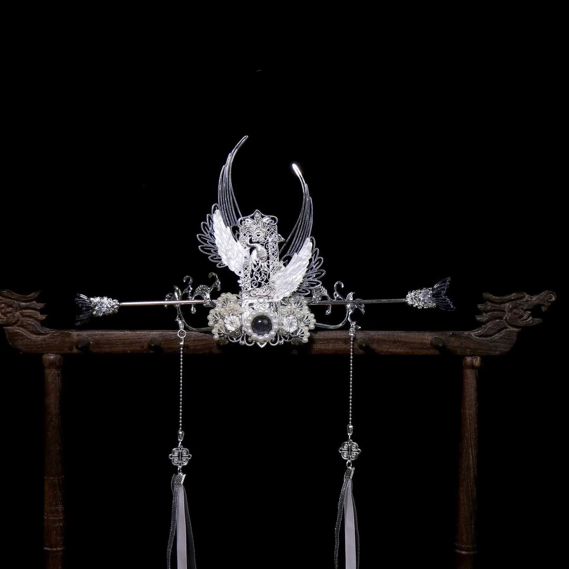 Chinese Headwear Handmade Double Wings With Two Hair Sticks And Long Ribbon Hair Accessories Z250605