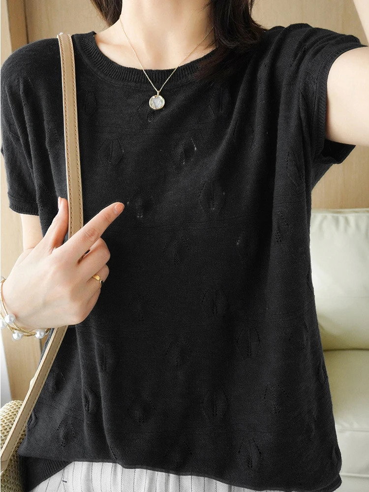 Summer Short Sleeve Women knitted Thin Sweater Female Hollow Out Oneck Pullover Top Ladies Solid Loose Casual Jumpers 250530