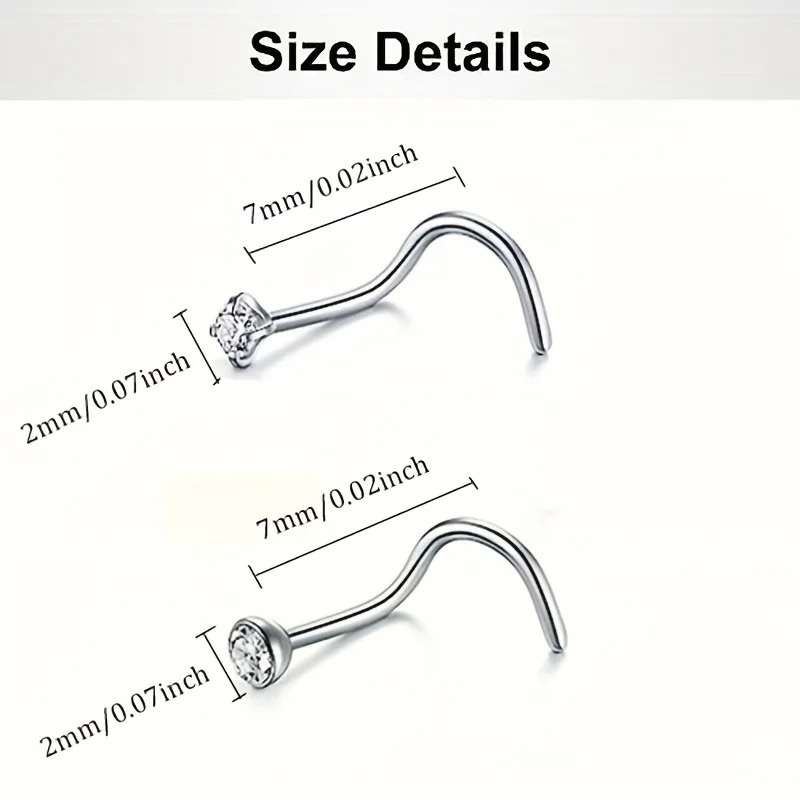9/18pcs Stainless Steel Nose Studs Corkscrew Nose Ring with 2mm CZ Steel Nostril Nose Piercing Jewelry for Women Men 250605