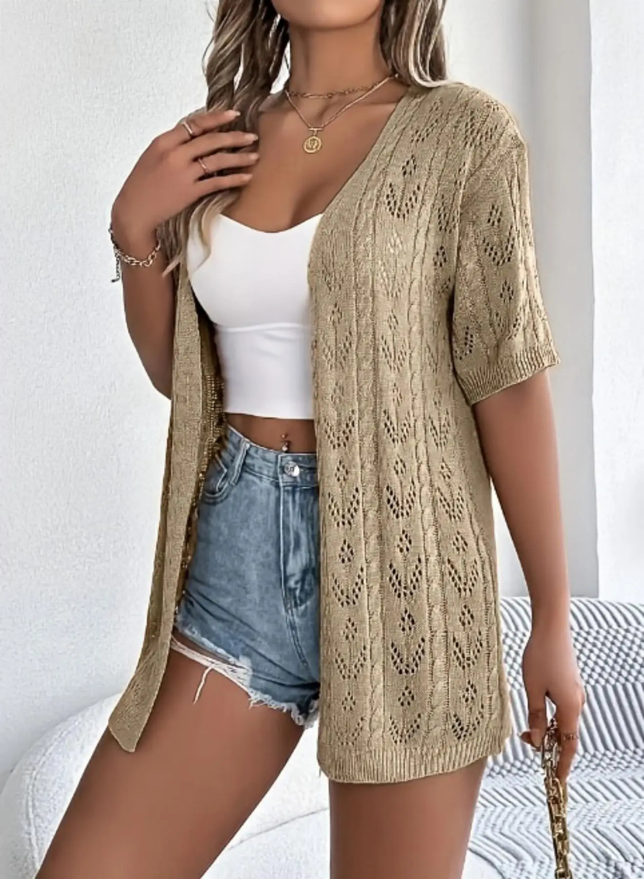 Plus Size Womens Thin Cardigan Knitwear V Neck ShortSleeved Loose Casual Spring and Summer Pure Color Elegant Appearance 250530