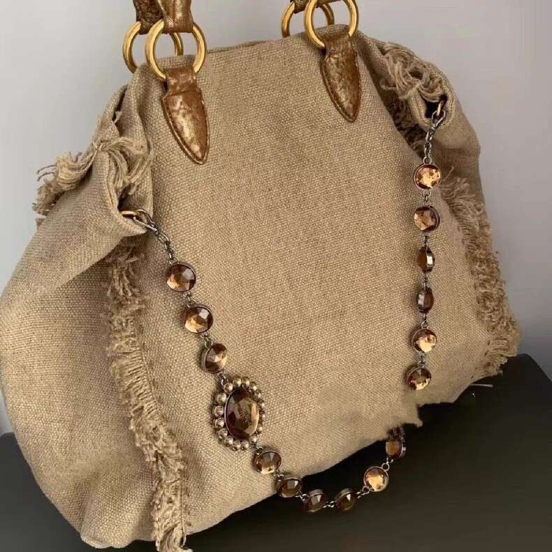 New Trendy Fashion Versatile Linen Tassel Color Block Stylish Design Handbag and Crossbody Bag