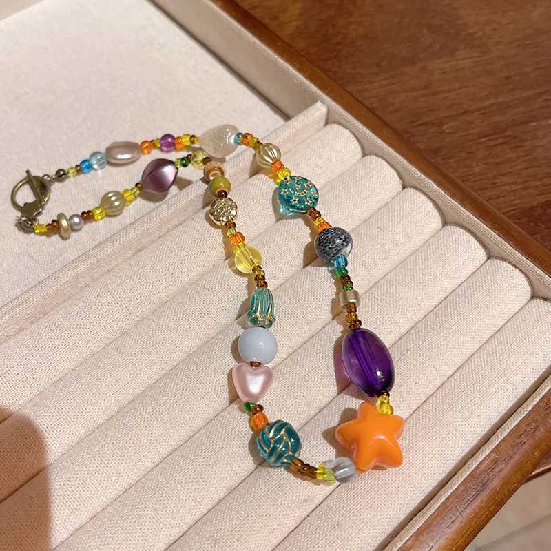 Dopamine Colored Ceramic Bead Necklace Sweet Beauty Instagram Trendy Light Luxury Design High-End Feeling Neck Chain Jewelry Y250605