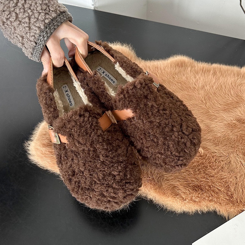 2025 free shipping autumn winter new designer shoes, women's hairy shoes, flat bottom with plush cotton single shoes brown
