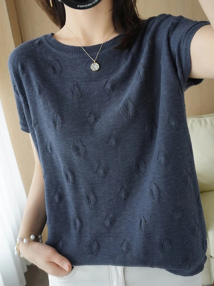 Summer Short Sleeve Women knitted Thin Sweater Female Hollow Out Oneck Pullover Top Ladies Solid Loose Casual Jumpers 250530