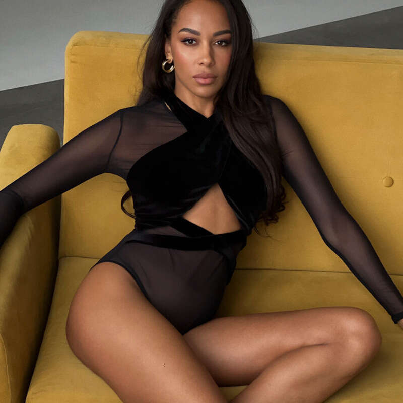 New Women's Fashion Mesh Patchwork Cross Long Sleeve Hollow Sexy Hot See-Through High Waist Jumpsuit Trend B5