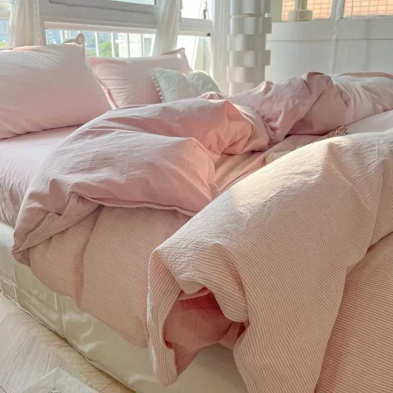 100% Washed Cotton Duvet Cover Set Cream 4 Pieces Luxury Soft Bedding Set with Buttons Closure Striped Pattern Duvet Cover T250606