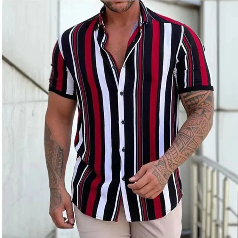 Mens Shirts Fashion Stripes Print Short-sleeved Tees Summer Tops Men Turn-down Collar Button Casual T-shirt Clothing 250605