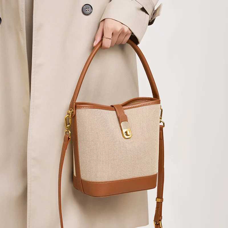 Weaving Female Messenger Bags Color Splicing Women Bucket Shoulder Bag Canvas Combining Man-made Leather Ladies Handbags M250606