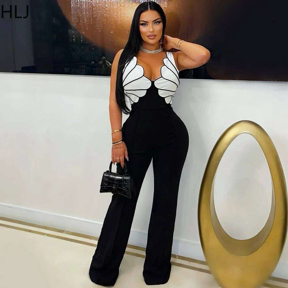 HLJ Fashion V Neck Irregular Spaghetti Strap Straight One Piece Jumpsuits Women Sleeveless Backless Club Playsuits Lady Overalls